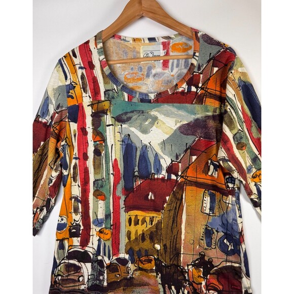 Vintage Michael Lau Top Womens Small Cotton Art Print City Scene Made in USA - Picture 2 of 11